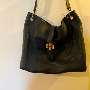 Black leather Tory Burch medium sized satchel
